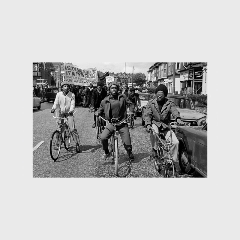 Cyclists lead the Africa Liberation Day rally at Rookery Road in Handsworth in 1977